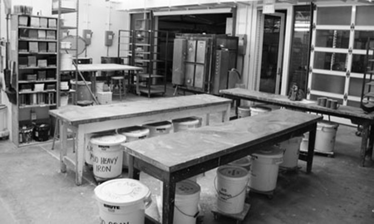 Worktables in the ceramics lab